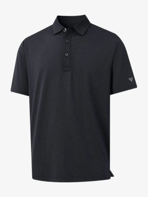 3D rendering of BLACK 4 Way Stretch Jacquard Polo highlighting fabric structure and stretch weave