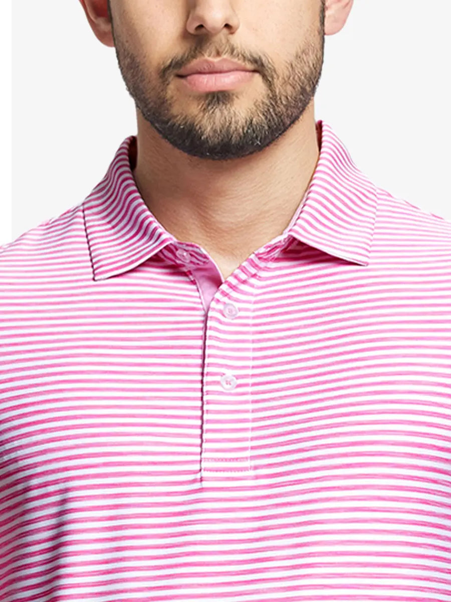 Close-up from nose to chest showing ROSE WHITE Unique Watercolour Stripe Polo’s fluid stripe pattern