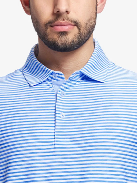 Close-up from nose to chest of POWDER BLUE WHITE Unique Watercolour Stripe Polo’s soft stripe blend
