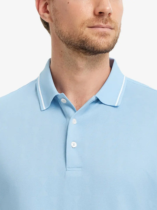 Close-up front view (nose to chest) of Modern Texture Stylish Polo in SKY BLUE.