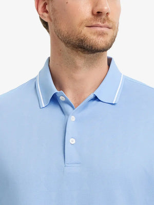 Close-up front view (nose to chest) of Modern Texture Stylish Polo in MISTY BLUE.