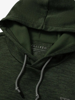 Detail shot of hood and drawstring on Dark Green Heather Soft Heather Hoodie