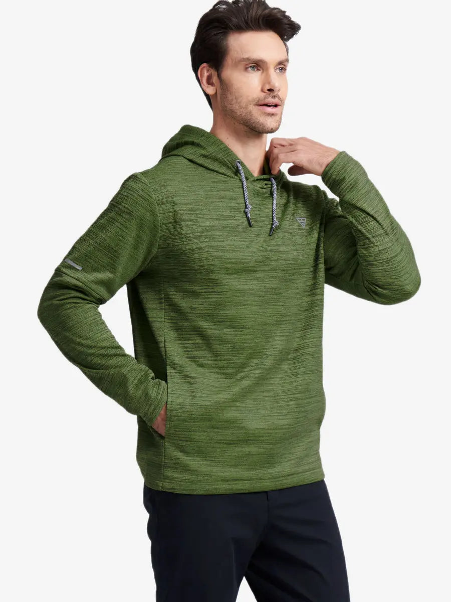 Half-body front shot highlighting Lemon Green Heather pullover’s soft, cozy fleece texture
