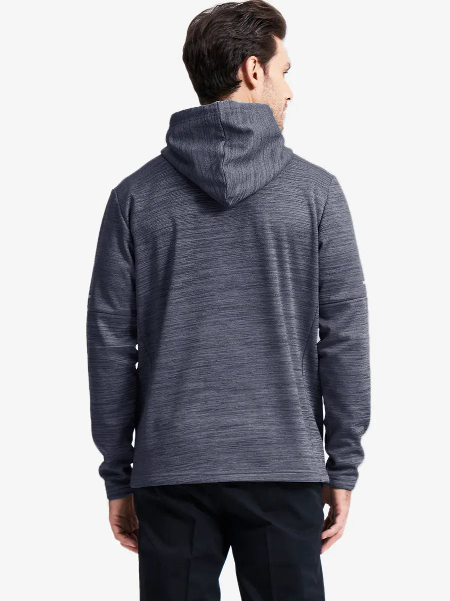 Front half-body pose showcasing clean lines of Navy Heather hoodie pullover