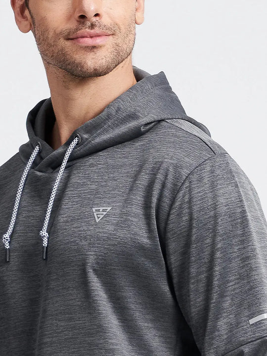 Close-up front view from nose to chest showing Soft Heather Hoodies Pullover in Neutral Grey Heather