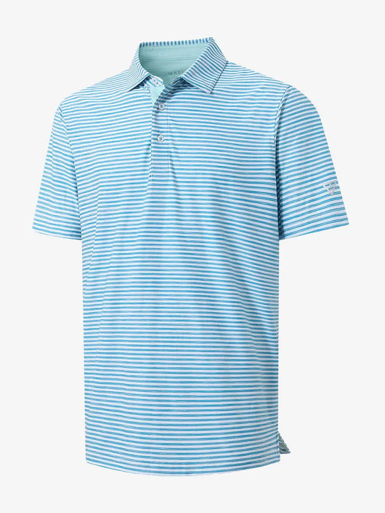 3D view highlighting the artistic stripe blend on the BLUEBIRD WHITE Unique Watercolour Stripe Polo