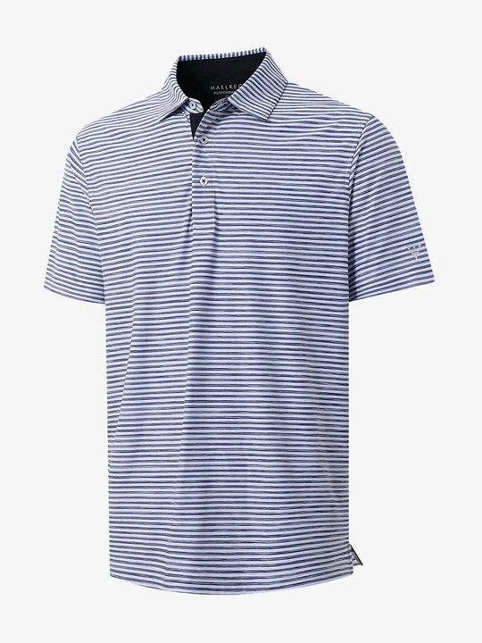 3D view showing the brushstroke stripe design of DARK BLUE WHITE polo from all angles