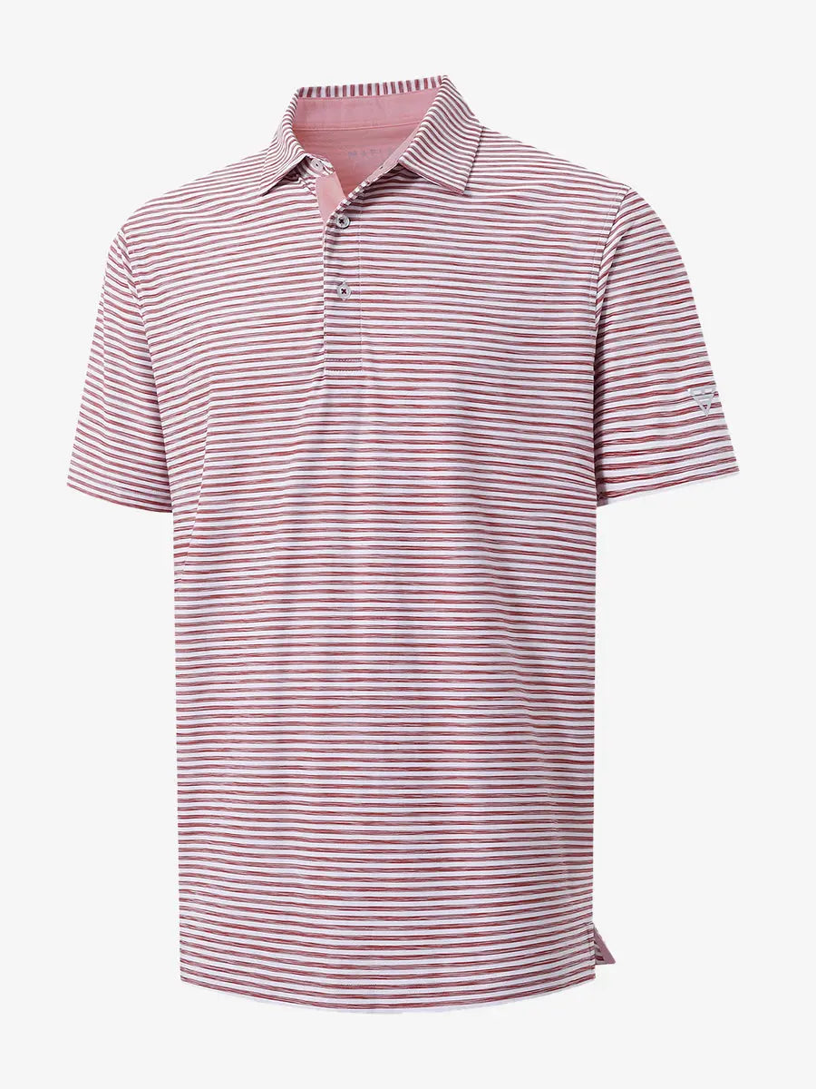 3D view of BRICK WHITE polo showing the contrast between rich brick and crisp white strokes