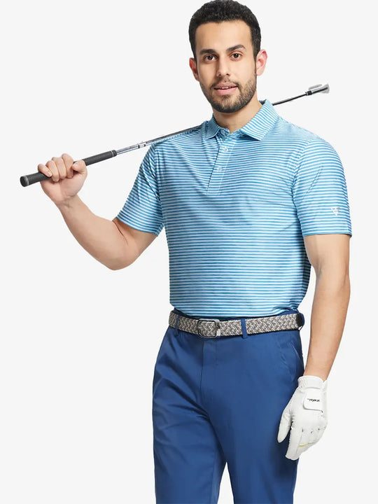 Half-body front view with golf club in BLUEBIRD WHITE polo, showing dynamic brushstroke stripes