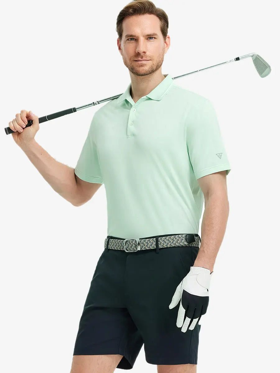 Model wearing Modern Texture Stylish Polo in MINT GREEN, front half-body view holding golf club.