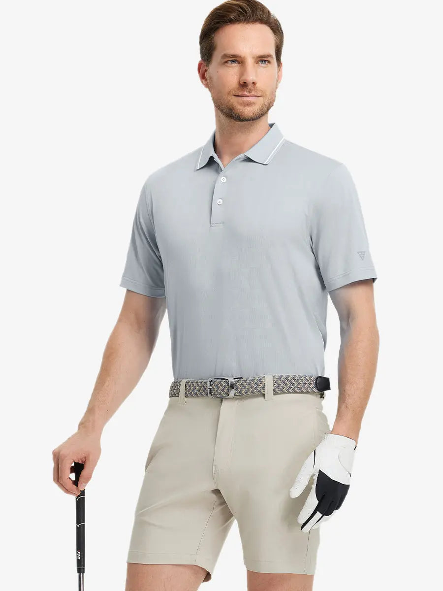 Model wearing Modern Texture Stylish Polo in LIGHT GREY, front half-body view holding golf club.