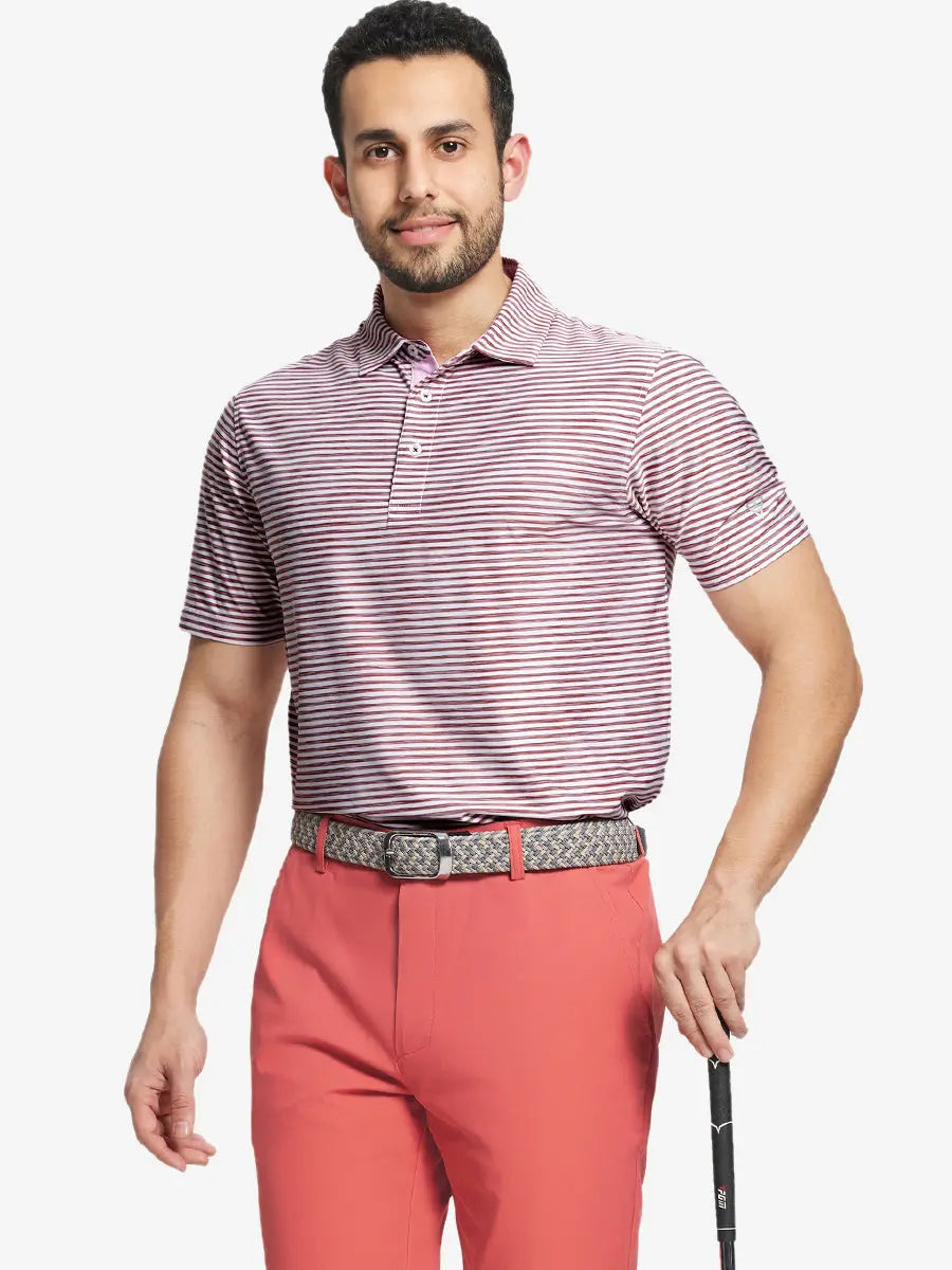 Front half-body view with golf club, wearing BRICK WHITE polo with artistic stripe expression