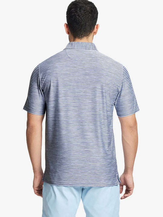Back half-body showcasing the smooth stripe fade of DARK BLUE WHITE polo
