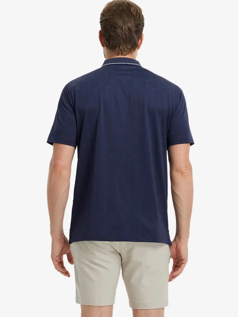 Back half-body view of Modern Texture Stylish Polo in NAVY worn by model.