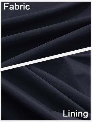 Close-up texture of navy blue women's stretch a-line golf skort with 7 pockets fabric showing detailed outer and inner lining material.