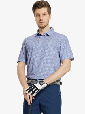 MAELREG Men's Performance Jersey Print Polo in White Blue Circle – front half-body with golf pose