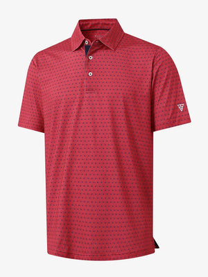 3D view of MAELREG Performance Jersey Print Polo in Red Navy Flower – breathable golf fabric
