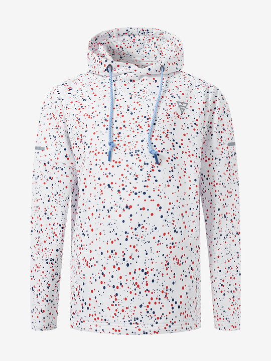Front 3D view of youth full print hoodies pullover showing detailed fabric and fit, white polka dots.