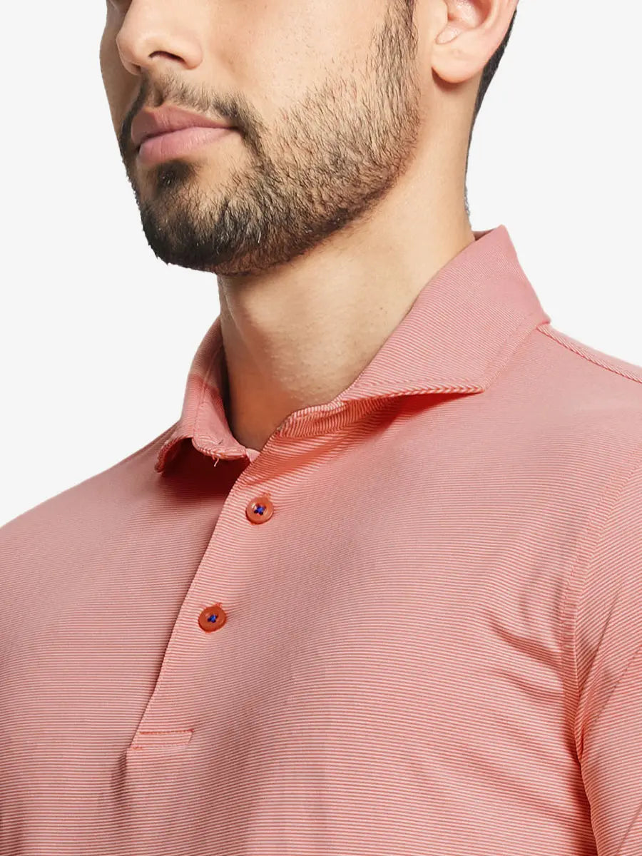 ORANGE STRIPE Pinstripe Jersey Performance Polo front view from nose to chest								