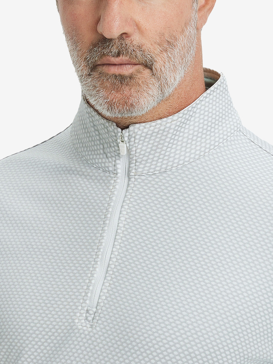 Close-up of collar area on jacquard quarter zip pullover in light grey, highlighting refined jacquard detail.