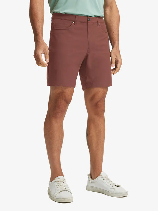CRANBERRY 4-way Stretch Performance Solid Shorts, golfer front lower body with club, 7 Inch view