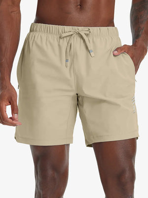 Front lower-body view from waist to knees of model wearing KHAKI 2 in 1 Running Sports Shorts with Liner.