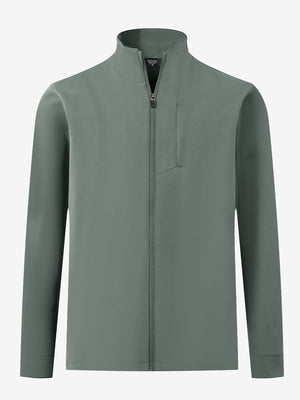 Water-resistant zip up golf jacket in slate green, clean 3D front view highlighting sleek design.