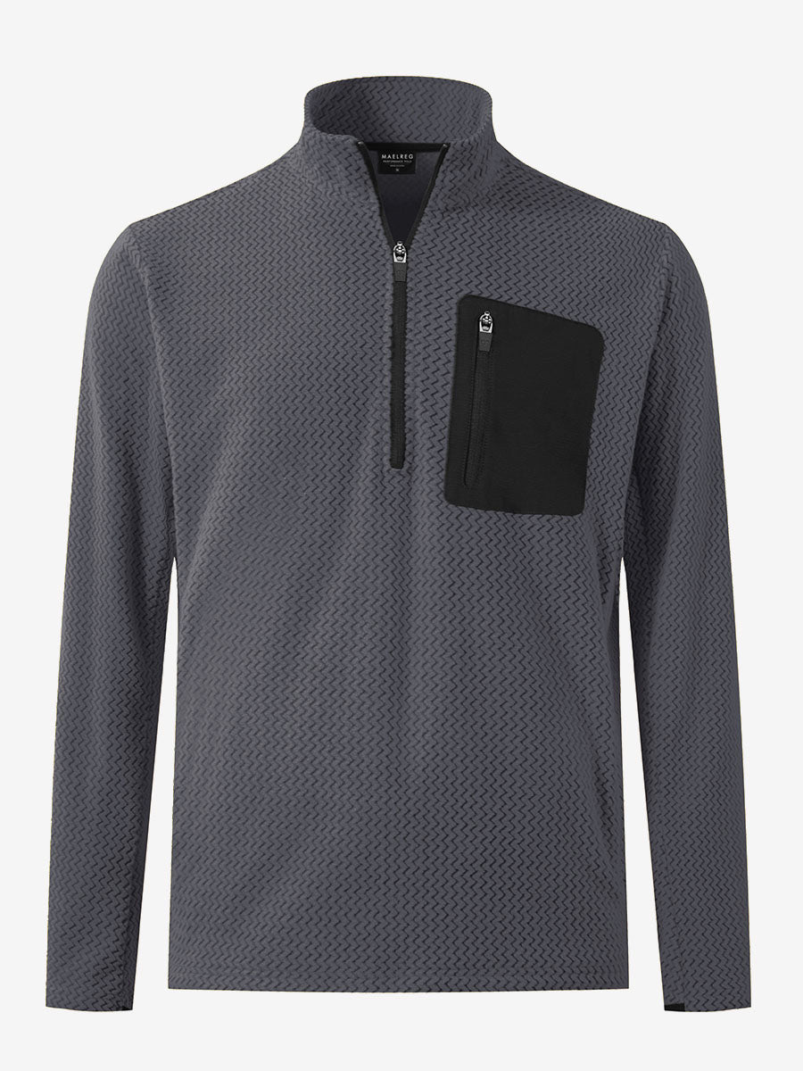 3D front view of midweight warm stretchy quarter zip pullover in grey, simple and sleek look.