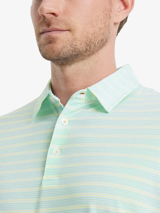 Aqua Blue Yellow Stripe Performance Stripe Golf Shirt – model front close-up from nose to chest
