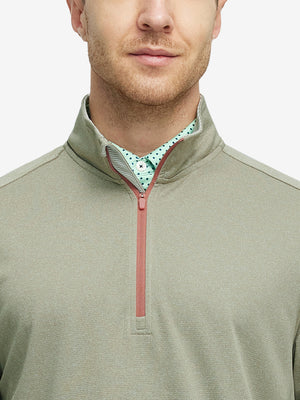 Front view from nose to chest of model wearing dark khaki melange moisture wicking quarter zip pullover