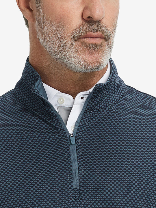 Close-up of collar area on jacquard quarter zip pullover in grey/navy, highlighting refined jacquard detail.