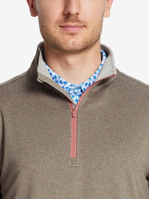Front view from nose to chest, model wearing BROWN MELANGE Moisture Wicking Quarter Zip Pullover.