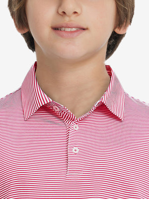 Collar close-up of Kids stripe golf polos with neat trim and rose stripe detail