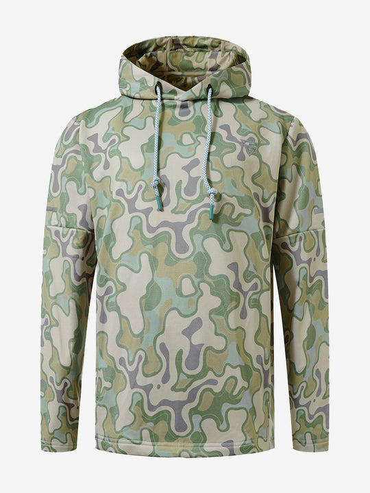 Front 3D view of youth full print hoodies pullover showing detailed fabric and fit, beryl green camo.