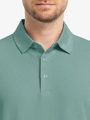 Close-up front view (nose to chest) of Everyday Solid Jersey Polo in BERYL GREEN, showing fabric texture.