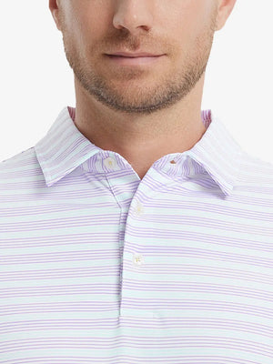 Lilac Light Blue Stripe Performance Stripe Golf Shirt – close-up front from model’s nose to chest