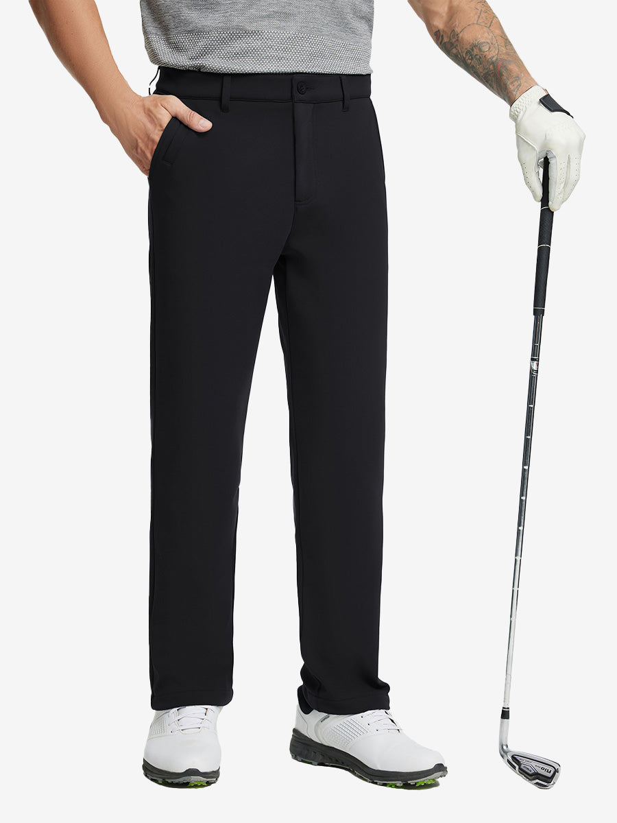 BLACK Water-Resistant Fleece Lined Pants, male model front lower body holding golf club in right hand