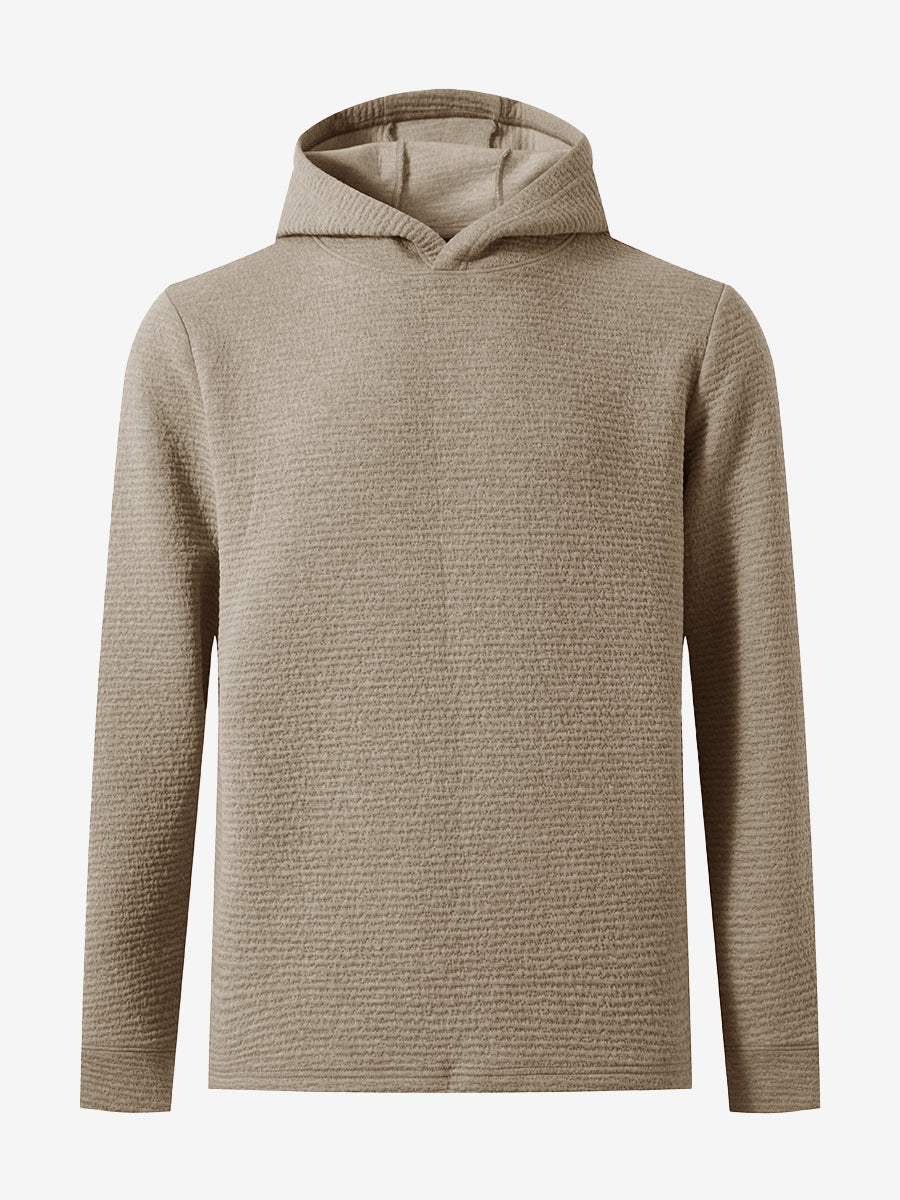 3D front image of texture solid hoodies pullover highlighting simple design and smooth fabric, light brown heather.