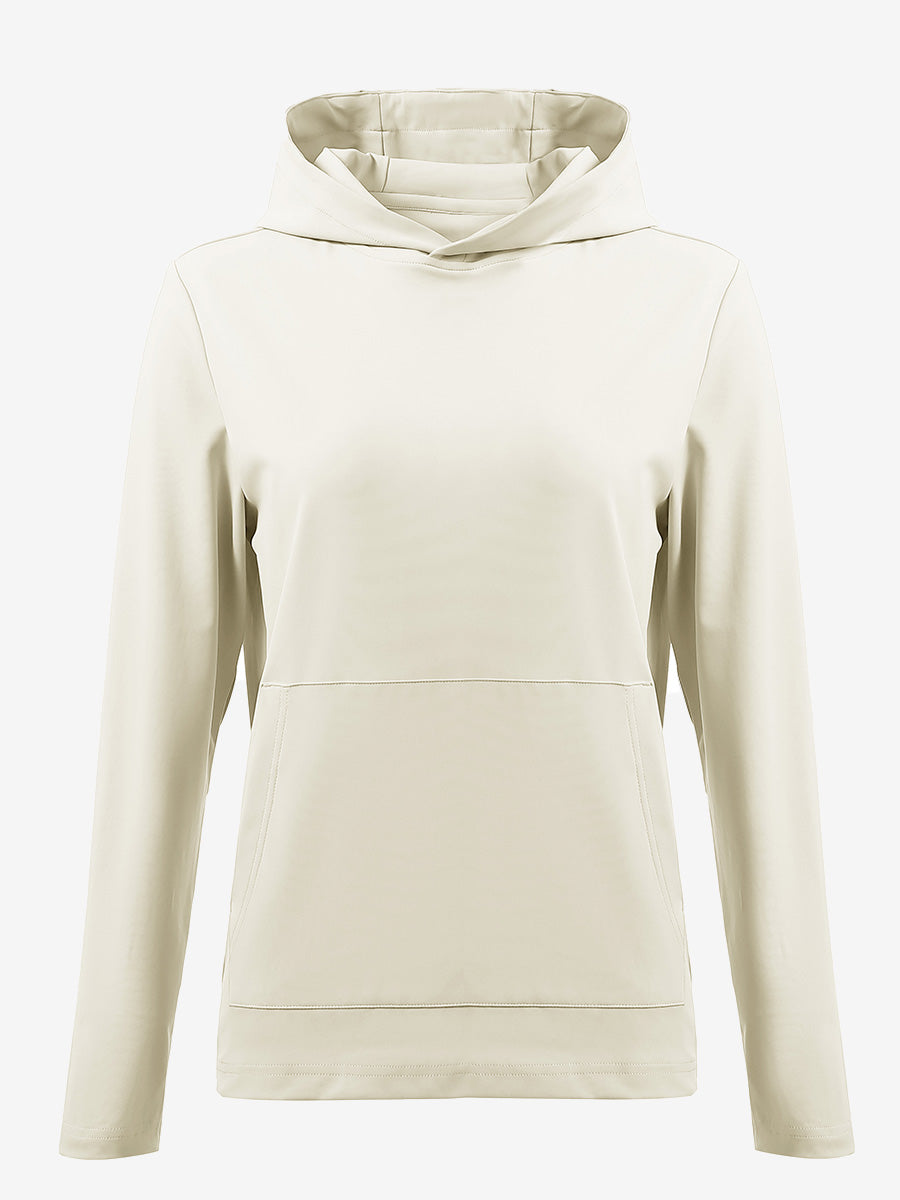 3D front view of women's lightweight hoodies pullover in cream, showing clean and sporty look.