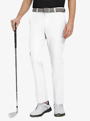 WHITE Water Resistant Everyday Pants front view, model's lower body holding a golf club
