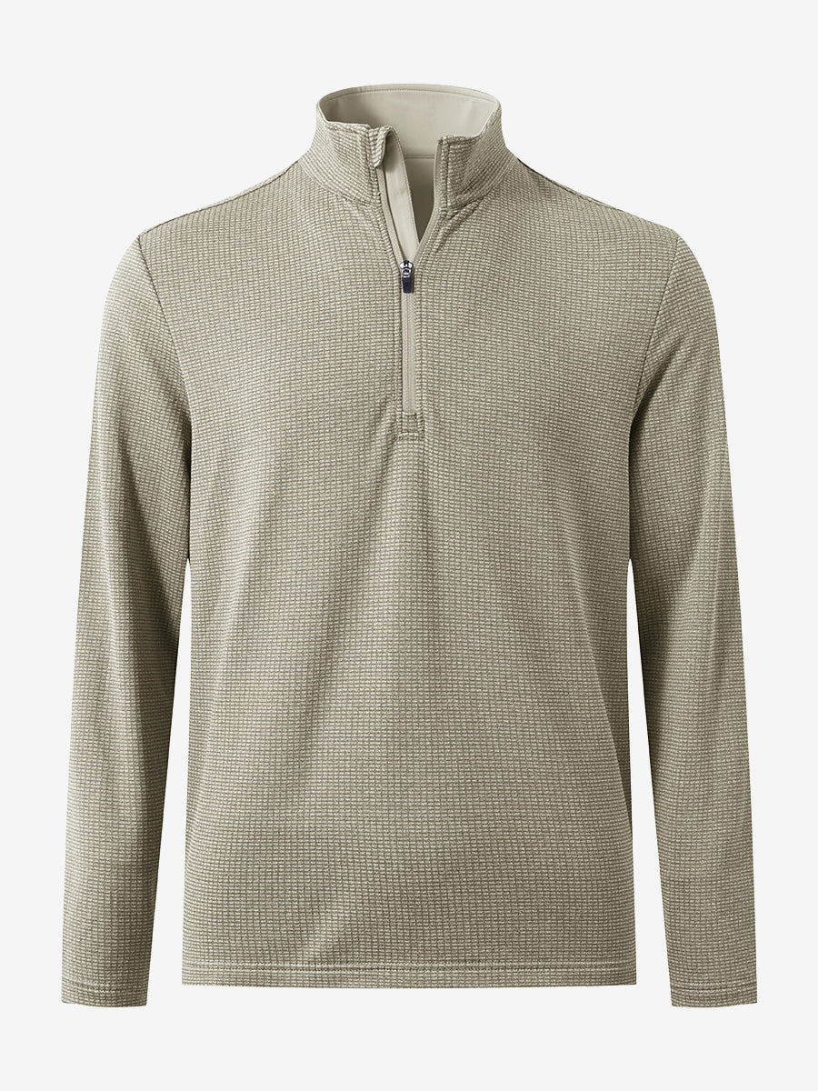 Front 3D view of casual fleece lined quarter zip pullover in dust beige, showing clean athletic fit.