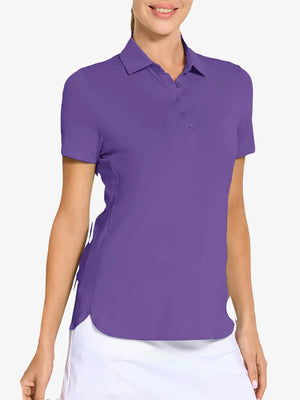 Front view from nose to hem of model wearing PURPLE Women's Performance Solid Polo with skirt