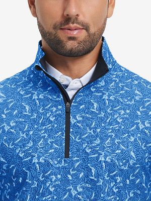 Close-up from nose to chest, showing zipper collar detail and fabric pattern of the line animal pullover.