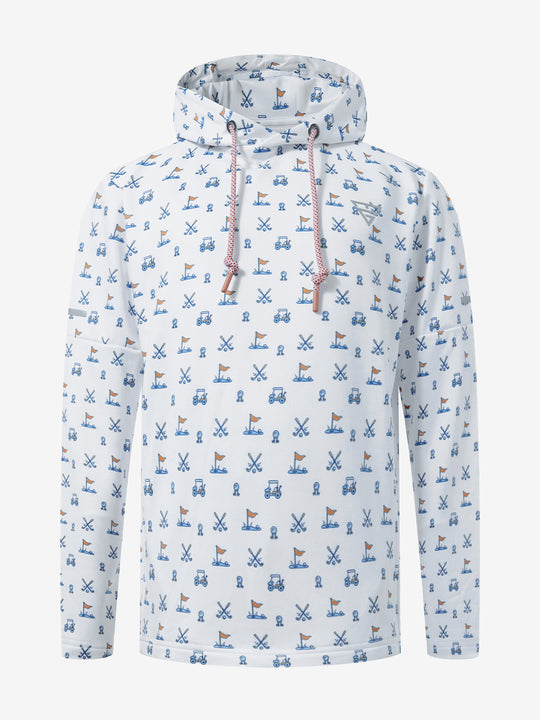 Front 3D view of youth full print hoodies pullover showing detailed fabric and fit, white golf.