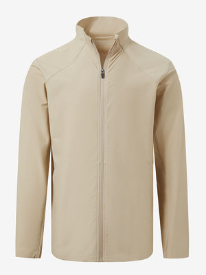 Lightweight water-resistant outerwear jacket in khaki, front 3D view with clean structure