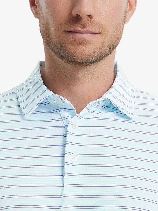 Mint Green Cobalt Stripe Performance Stripe Golf Shirt – close-up front from model’s nose to chest