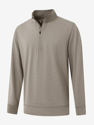 Quarter zip melange pullover in brown melange, clean 3D front view highlighting modern casual design.