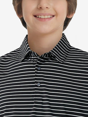 Front collar upper body of youth performance golf polos, clean neckline and black/white stripe detail