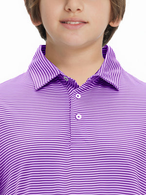 Front view of youth wearing lilac stripe performance cooling polo, showing collar and chest fit
