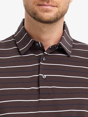 Front close-up from nose to chest of model in BROWN STRIPE Stylish Performance Golf Polo